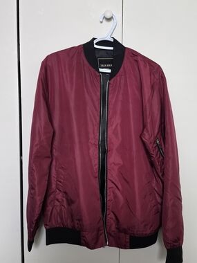 Zara Men's Maroon Bomber Jacket with Black Trim